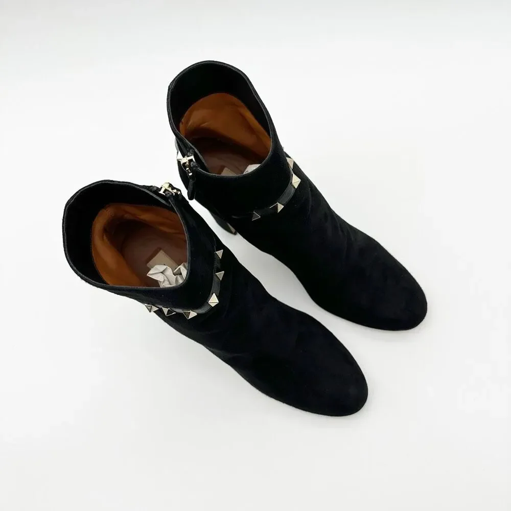 VALENTINO Rockstud Boots Size 41 US 10.5 Leather Heeled Black Suede Ankle Strap